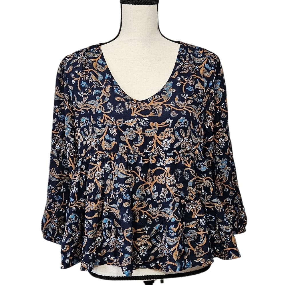 NWT Lucky Brand Women's Multicolor Navy Floral Flowy V Neck Blouse Size S